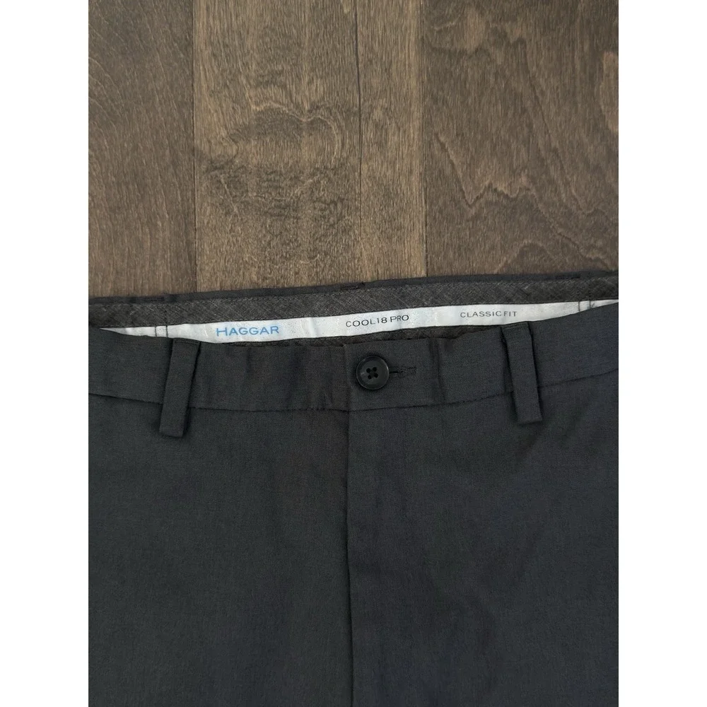 Haggar Cool 18 Pro Mens Flat Front Dress Pants 36X32 Dark Grey Expandable Waist